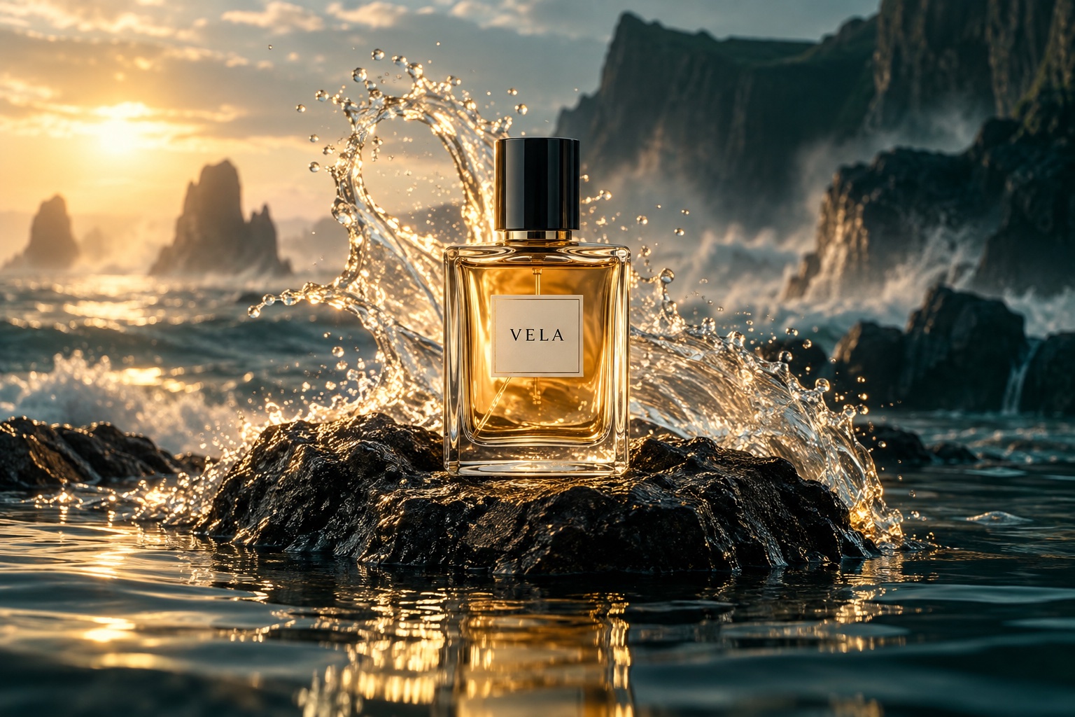 Creative example: VELA perfume surrounded by golden water and dramatic coastal light